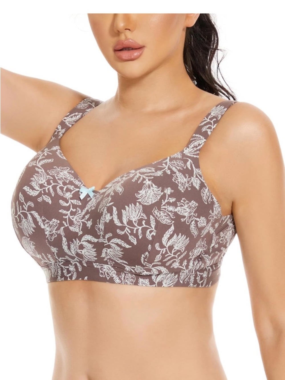 Evrou Womens Wireless Bra Padded Comfort Floral Printed Brown 44D